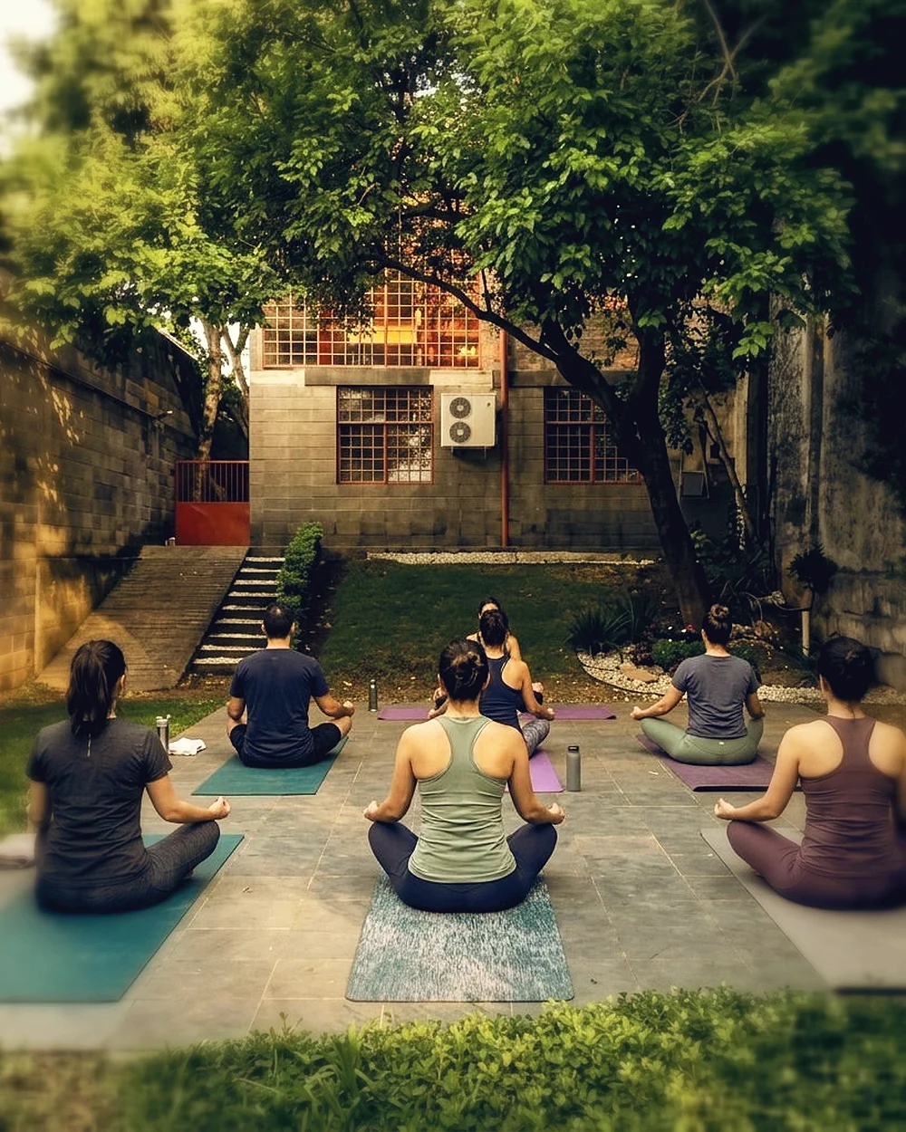 Turma praticando yoga sentada sobre tapetes na área externa arborizada da escola